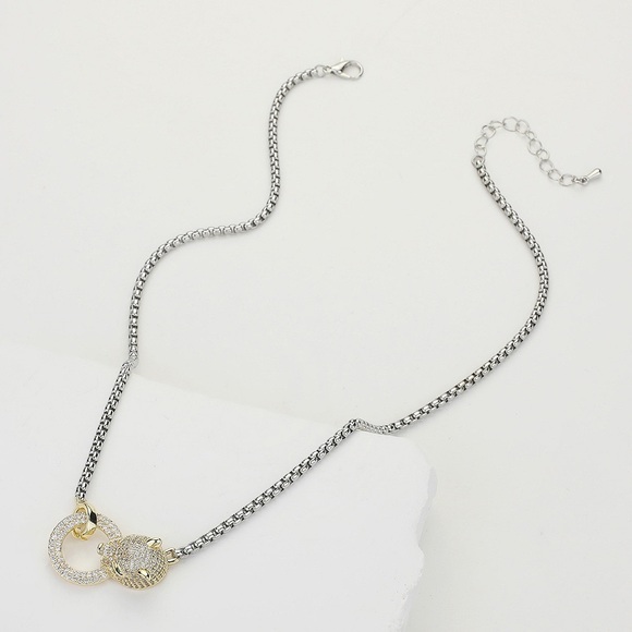 14K GP Pave Leopard Panther Head Necklace - Picture 2 of 4